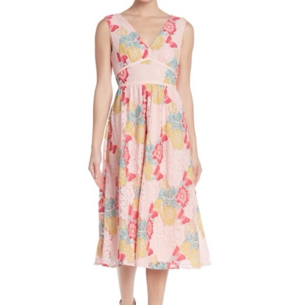 NSR women’s pink lace lined multi coloured midi length v-neck dress